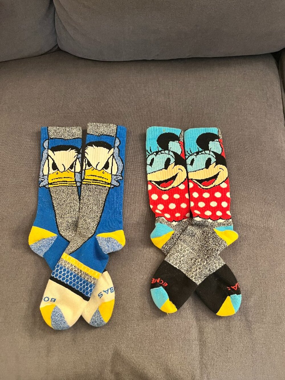 Lot of 2 Bombas Disney Minnie Mouse Donald Duck Socks Large RARE Unisex *Stain